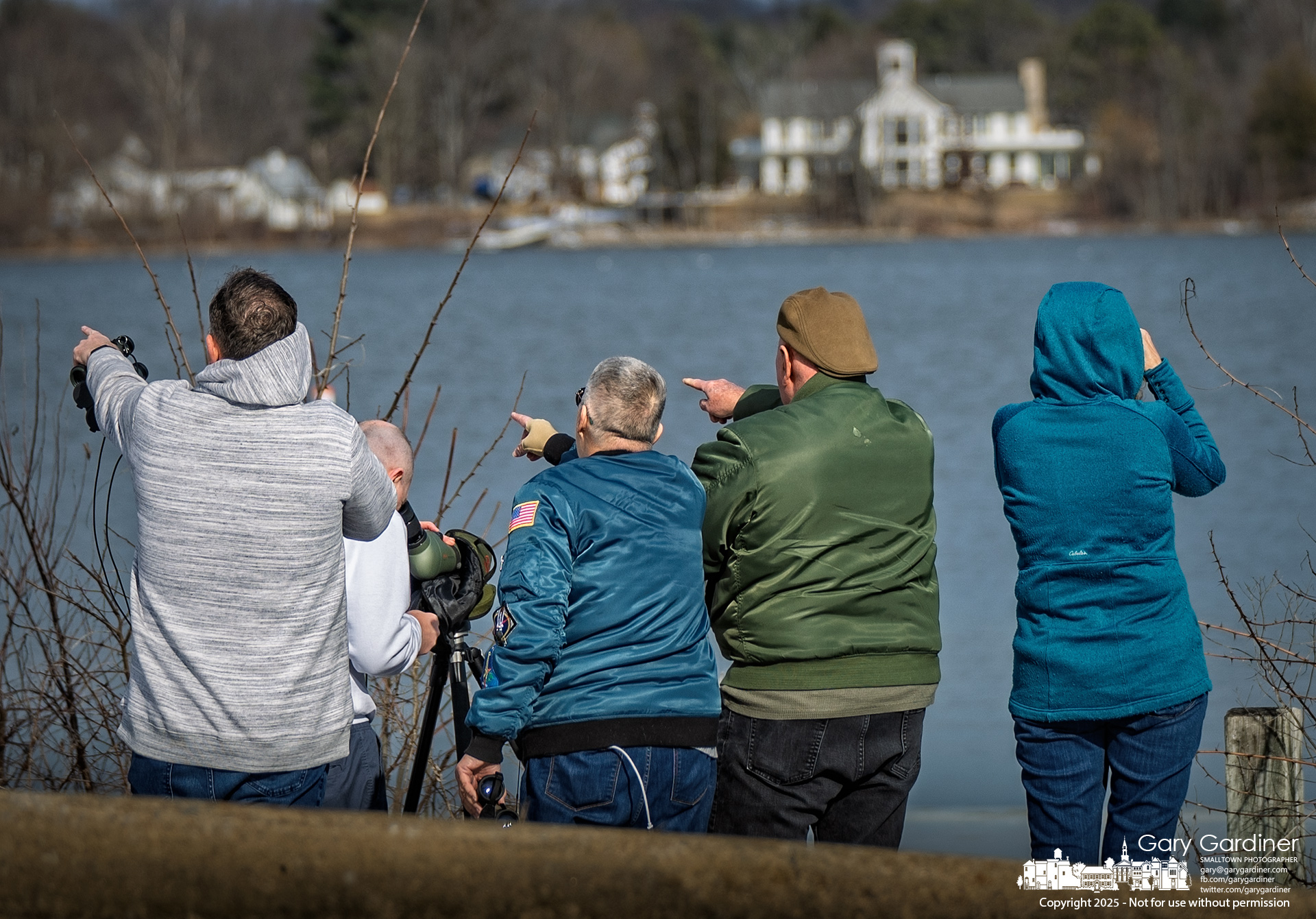 Three of four birdwatchers agree on where to search for their preferred bird, while the fourth looks in a different direction.