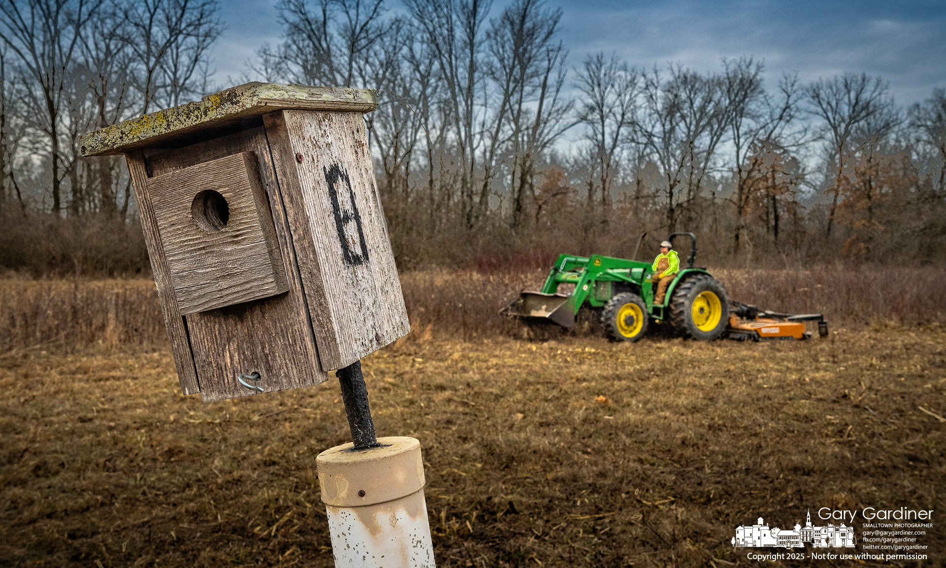 The Sharon Woods Metro Park winter grounds crew mowed another section of open field Monday, working around empty bluebird boxes and groundhogs. My Final Photo for February 3, 2025.