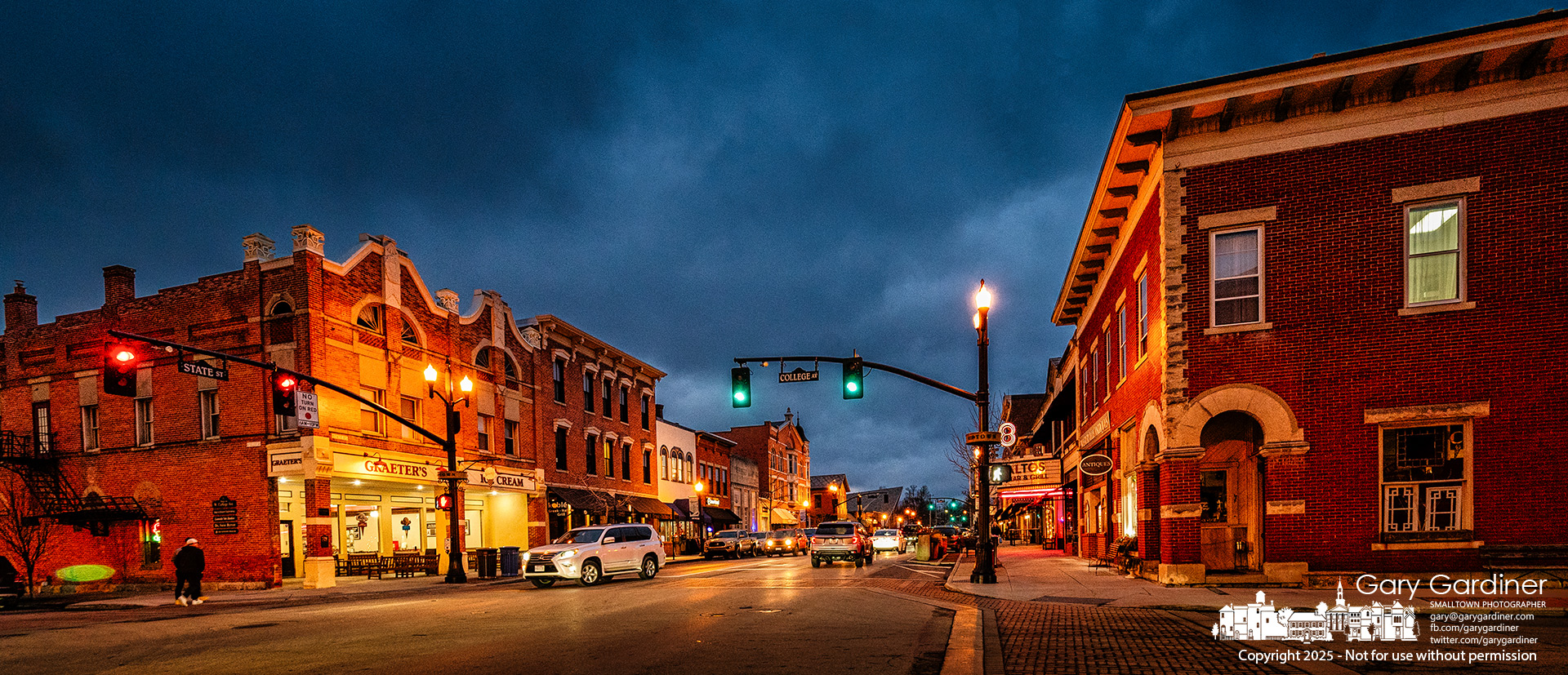 Heavy clouds move across Uptown Westerville at dusk, signaling the arrival of cold temperatures for the next week. My Final Photo for February 6, 2025.