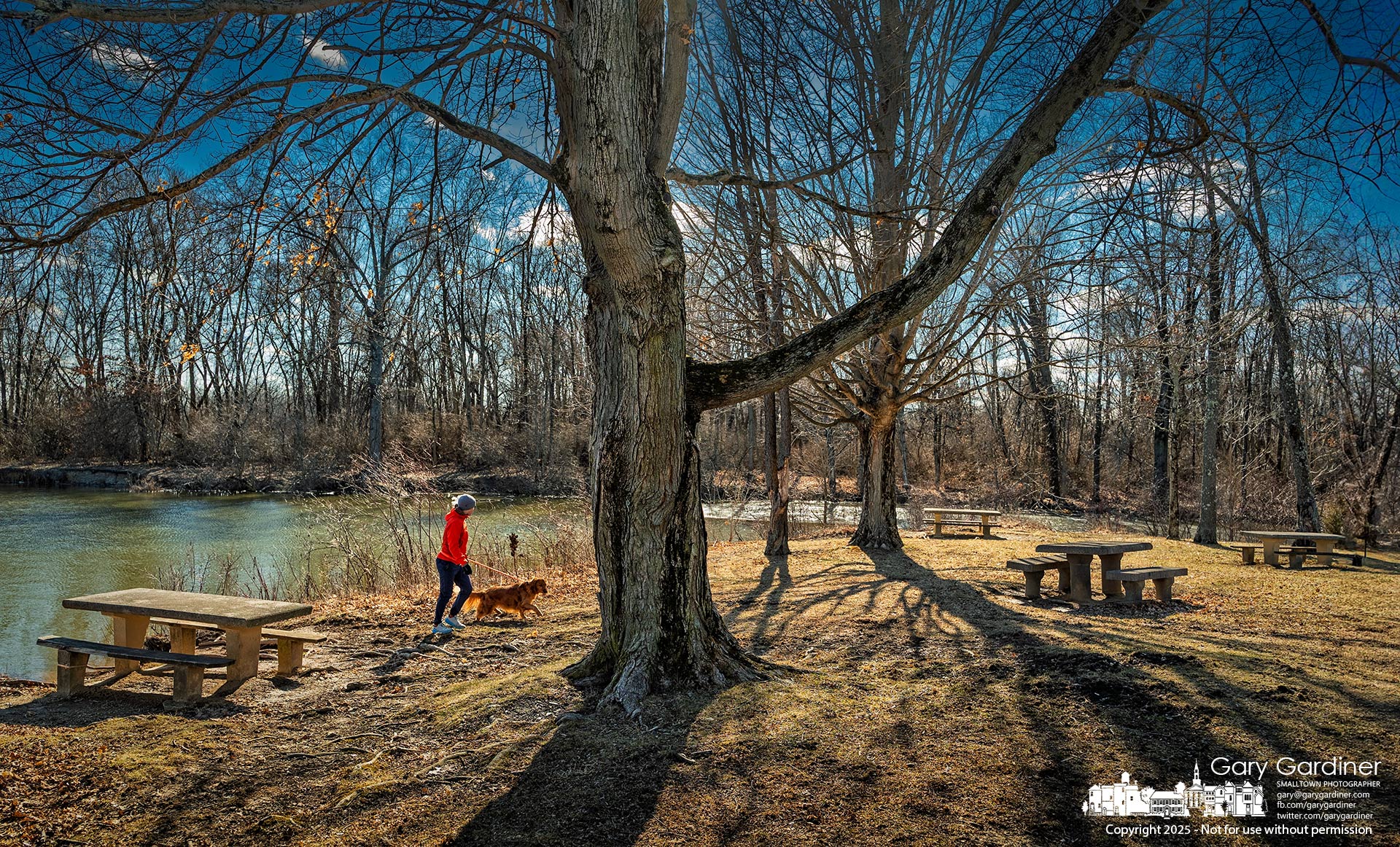 A man strolls through Red Bank Park with his dog, soaking in the bright Sunday sunshine and the gentle breeze. My Final Photo for March 2, 2025.