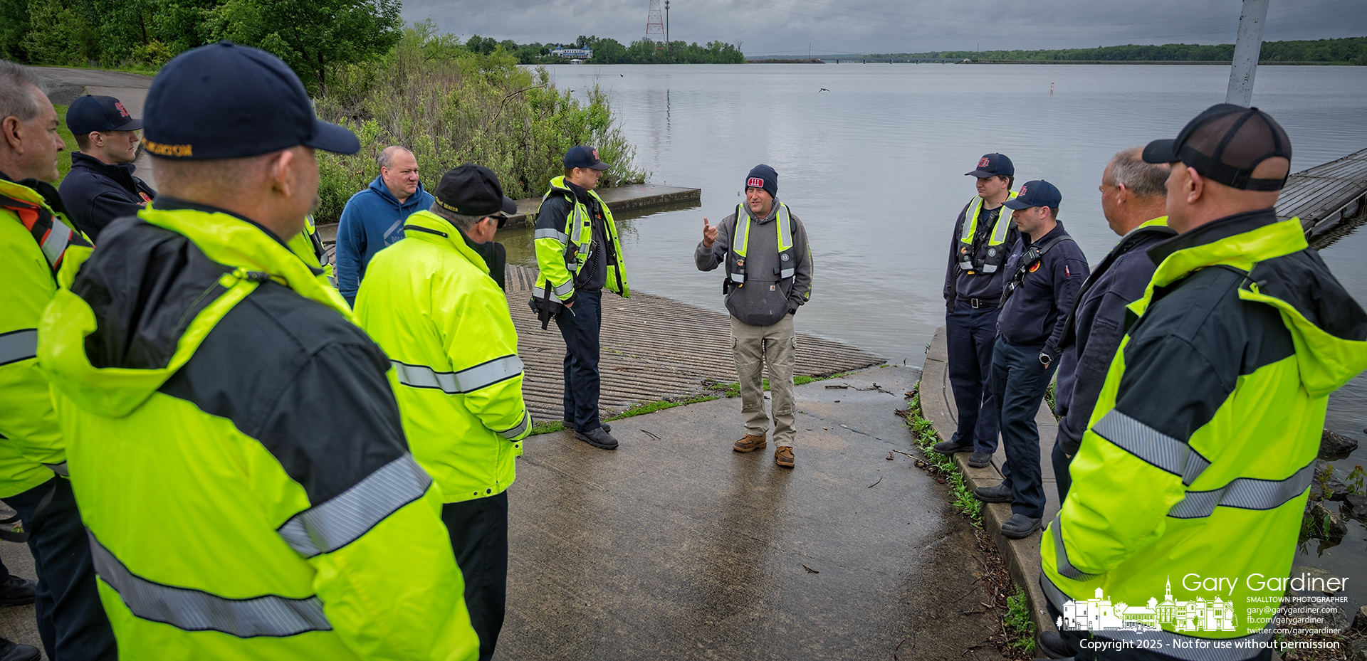 Westerville firefighters gathered at the Walnut Street Boat Ramp for an after-action report following a training exercise involving the rescue of a kayaker on the Hoover Reservoir. My Final Photo for May 22, 2025.