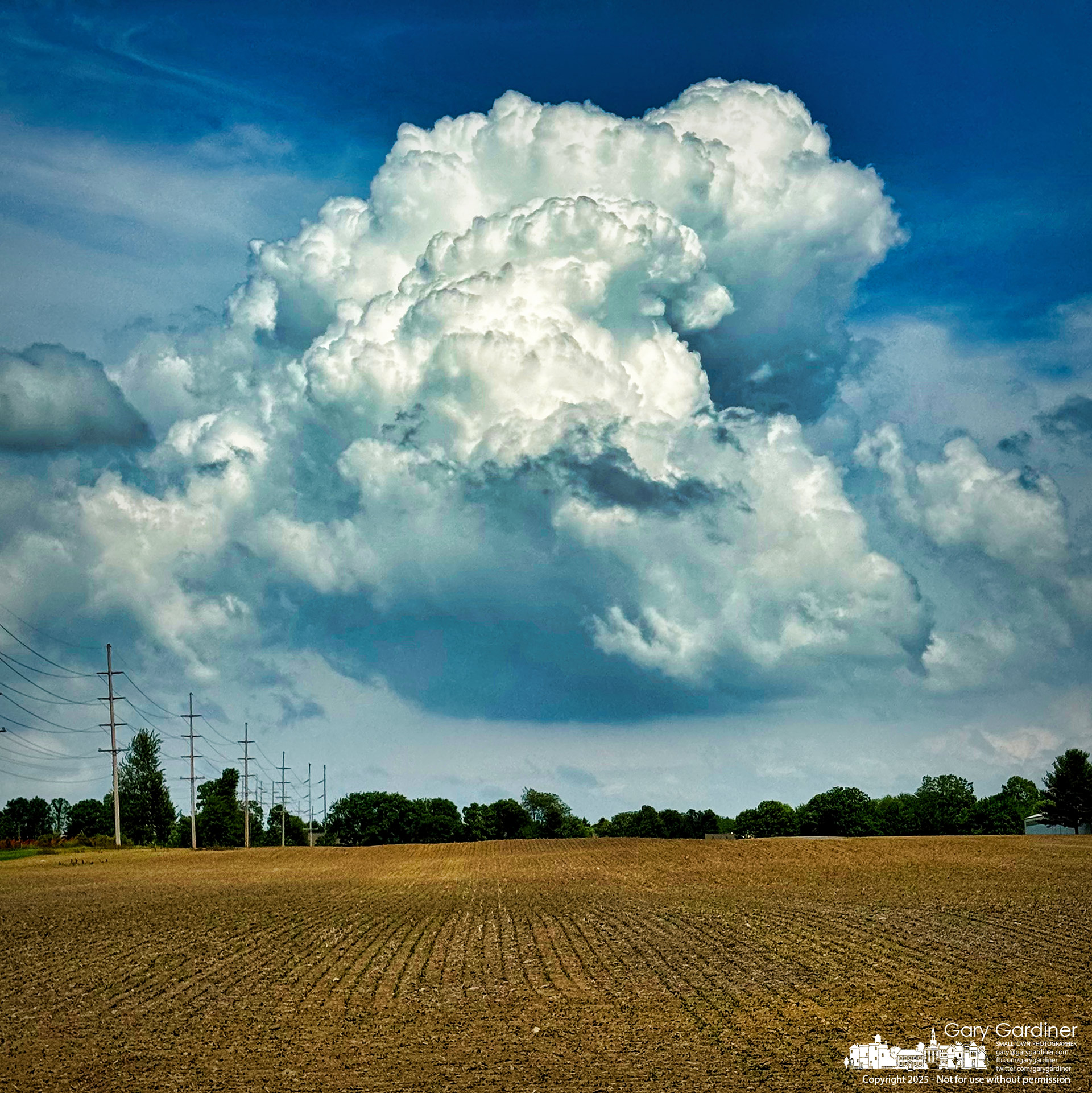 A large cumulonimbus cloud gathers to the east of the Yarnell Farm, where the recently planted soybean seeds have begun to sprout after the warm weather and spring showers. My Final Photo for June 6, 2025.