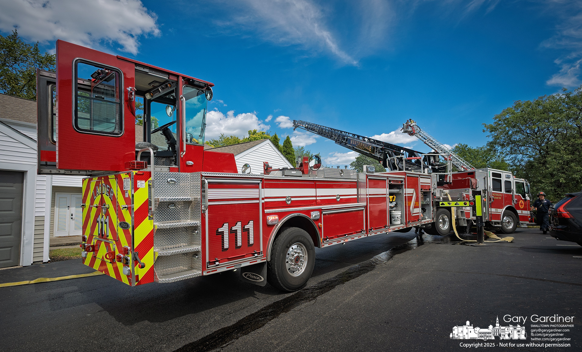 Westerville Fire Ladder 111 assisted Columbus and Worthington crews in battling a three-alarm fire at an apartment complex on Worthington Galena Road Sunday afternoon. My Final Photo for September 1, 2025.