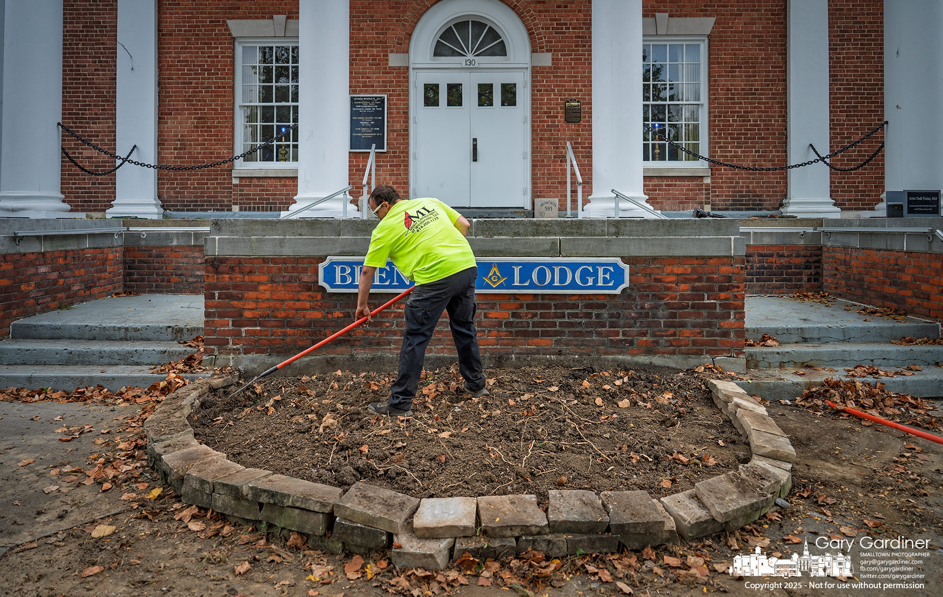 Workers from Miller Landscaping began work Monday, clearing the flower bed around the Masonic Temple in preparation for the Westerville Garden Club's renovation on Saturday. My Final Photo for September 22, 2025.