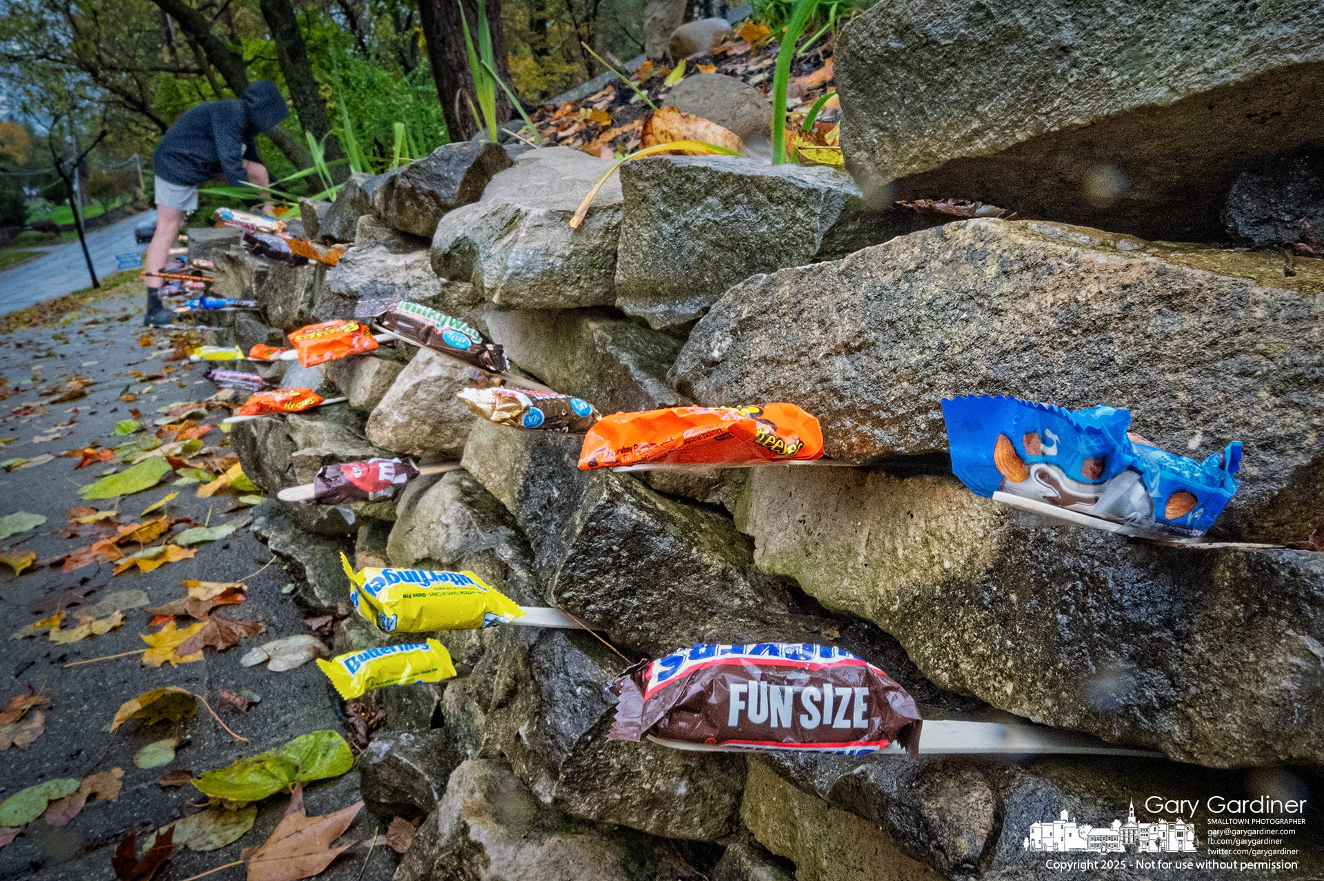 One family found a creative way to hand out Halloween candy by placing it in the gaps of a stone wall along the sidewalk in front of their home. My Final Photo for October 30, 2025.