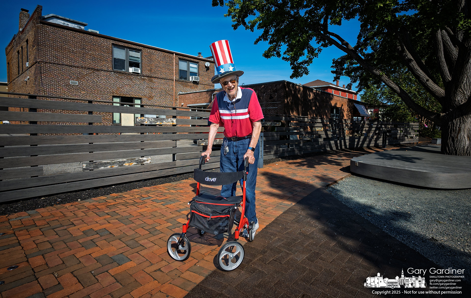 Eighty-nine-year-old “Uncle Sam” poses for a photo as he leaves the No Kings rally in Uptown Westerville on Saturday afternoon. My Final Photo for October 18, 2025.