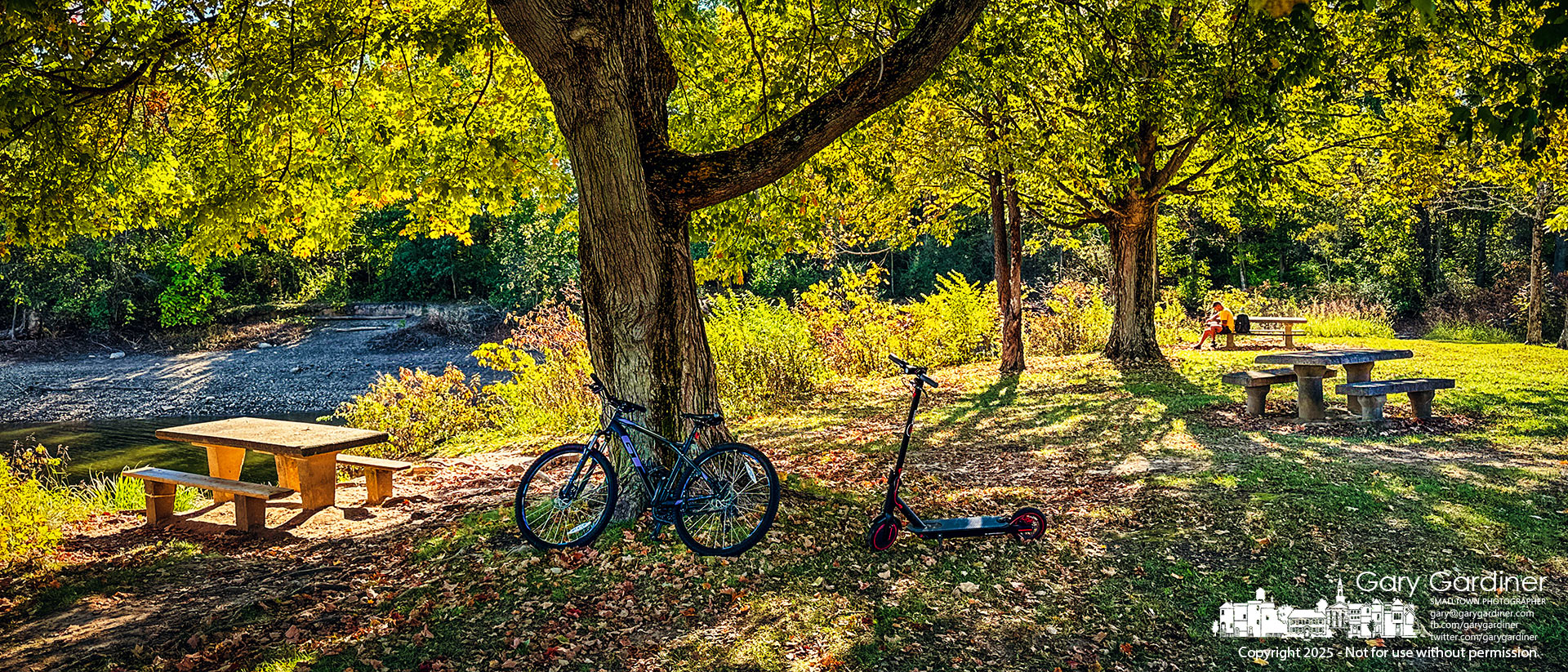 As the late afternoon sun pours gold through the maple leaves, a bicycle and scooter rest quietly beneath the tree at the edge of Red Bank Park, waiting for their riders to return. My Final Photo for October 14, 2025.