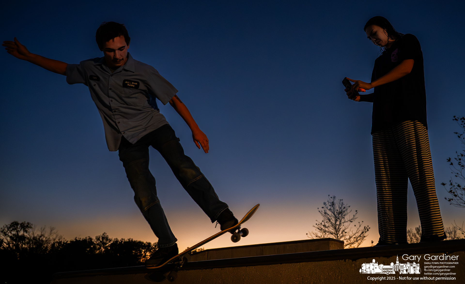 A pair of skateboarders uses their car’s headlights to squeeze in a few extra runs at sunset at the skatepark in Westerville. My Final Photo for October 9, 2025.