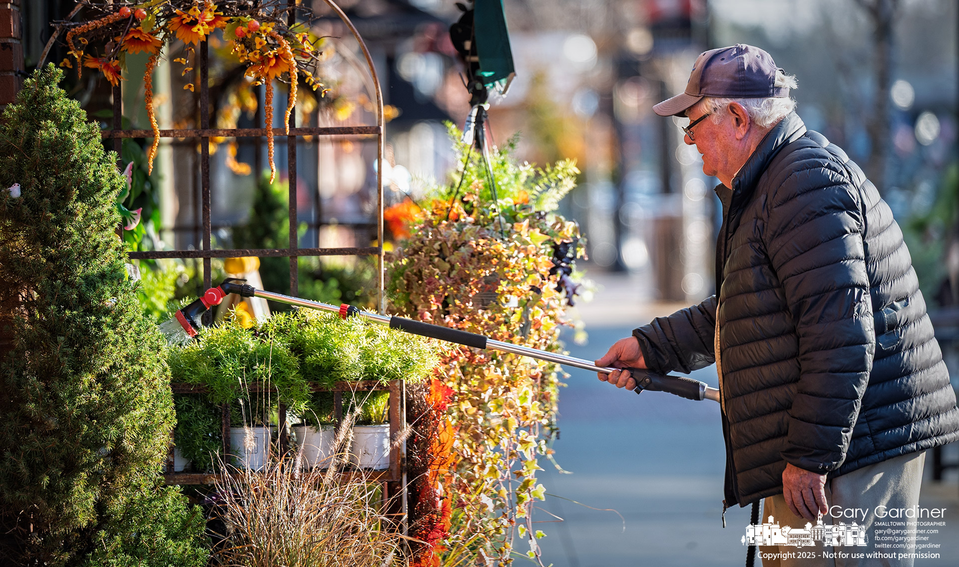 Dave Talbott waters the last of the season’s perennials arranged in baskets and trays outside his florist shop on North State Street. My Final Photo for November 14, 2025.