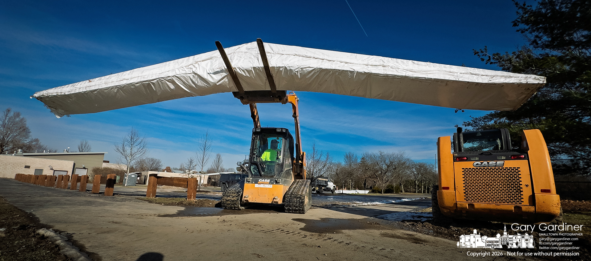Prefabricated roof support beams are staged in preparation for installation on Tuesday at a new shelter under construction near the tennis courts at Highlands Park. My Final Photo for January 5, 2026.