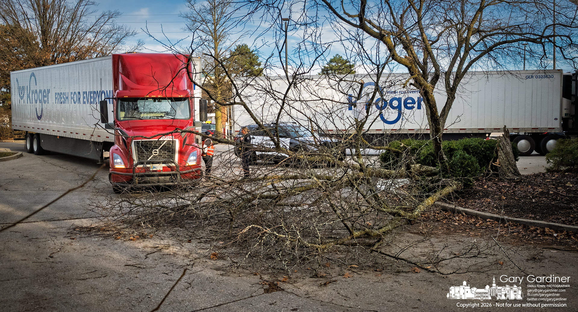 Two Kroger delivery trucks sit idle, waiting for a crew to clear a fallen tree blocking the entrance to the loading dock on Schrock Road in Westerville. My Final Photo for January 8, 2026.