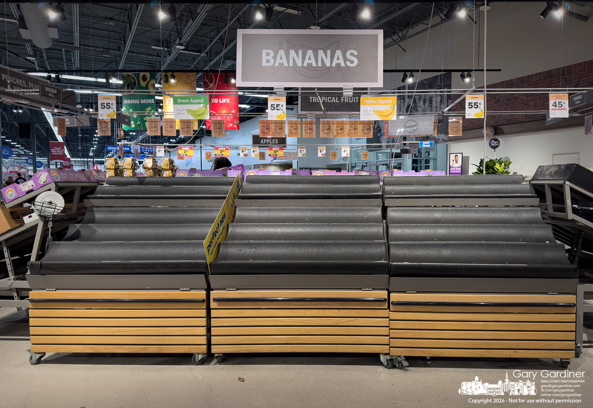Bananas in the produce section of Meijer on Maxtown are sold out as people prepare their pantries for a winter storm forecast for the weekend. My Final Photo for January 23, 2026.