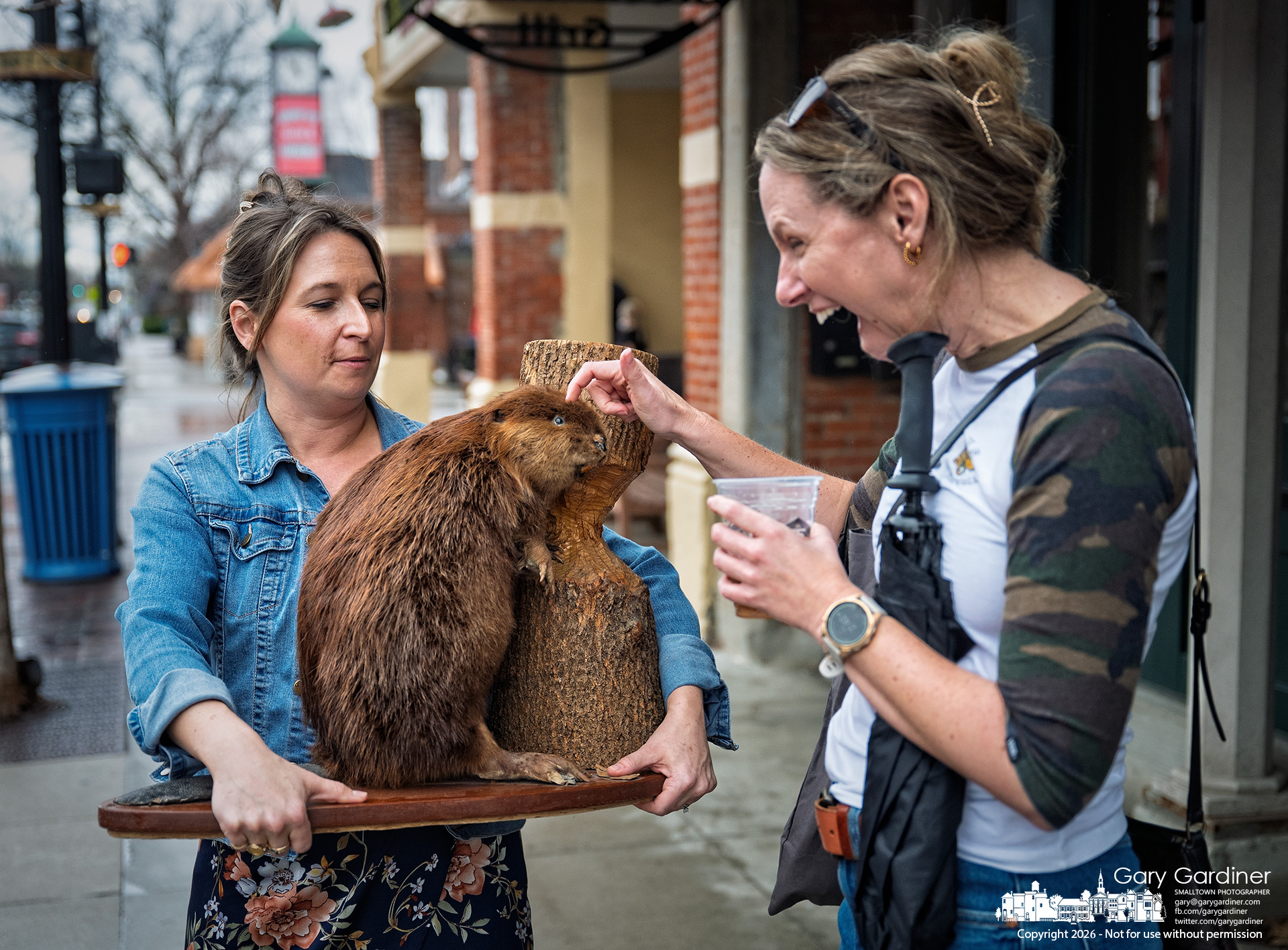 A woman carrying a stuffed beaver she bought for her brother at Westerville Antiques is stopped by a curious pedestrian, who gives the large rodent a tentative one-finger stroke. (My Final Photo for March 7, 2026)