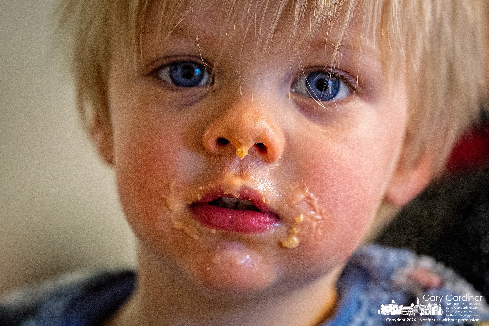 A toddler drips mac and cheese from his nose and around his mouth as he enjoys himself at the All You Can Eat Fish Fry at the Masonic Hall to benefit Westerville Special Olympics. (My Final Photo for March 27, 2026)
