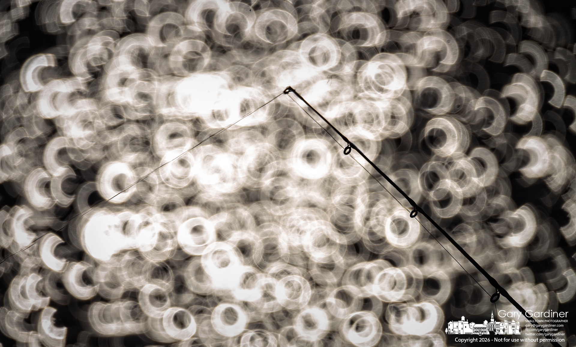 An anchored fishing rod and line are silhouetted against the sparkling waters of Hoover Reservoir at Twin Bridges. (My Final Photo for March 6, 2026)