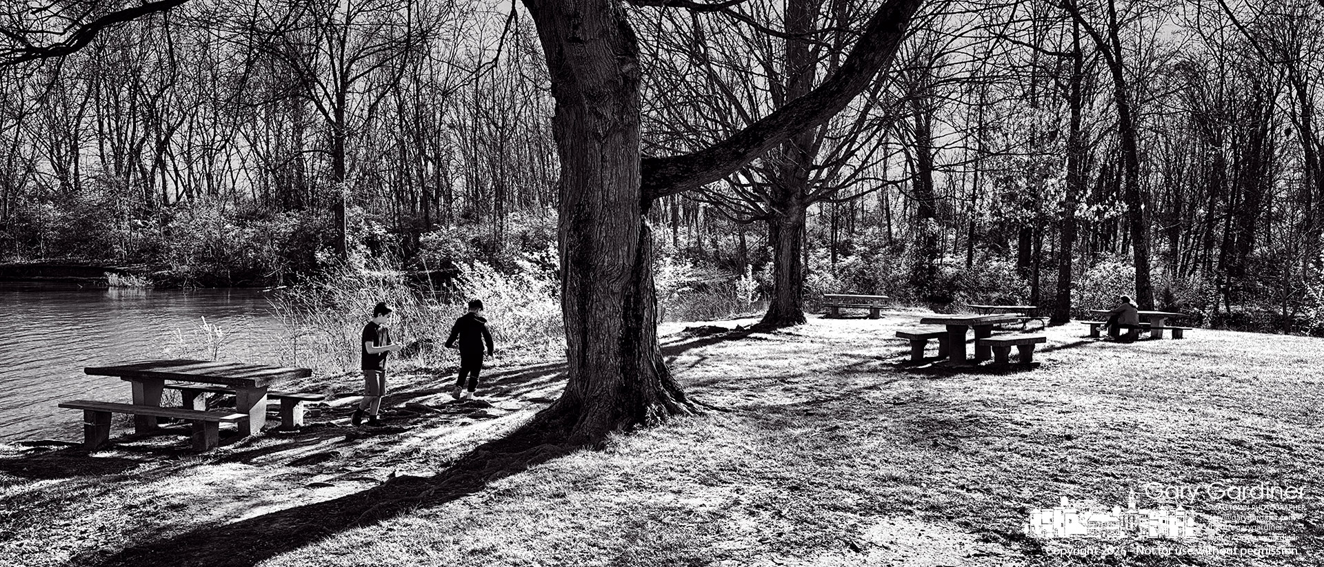 Mom reads while the boys play under the bare maple tree late on Wednesday afternoon at Rewd Bank Park at Hoover. (My Final Photo for April 8, 2026)