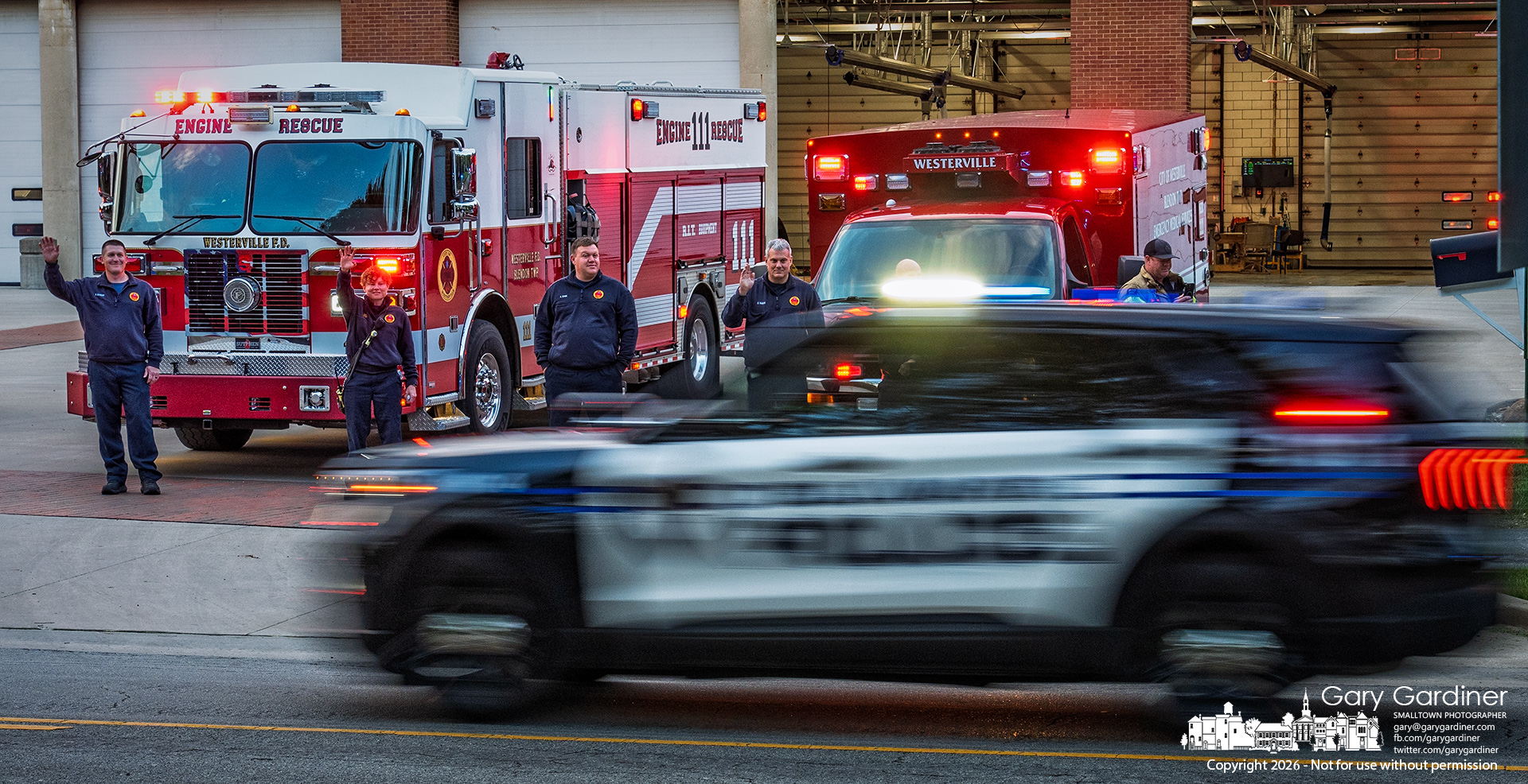 The Light Ohio Blue cruiser caravan passed the main fire station in Westerville on the first day of a 10-day tribute honoring those who serve and those who have fallen. (My Final Photo for May 6, 2026. Photo by Gary Gardiner)