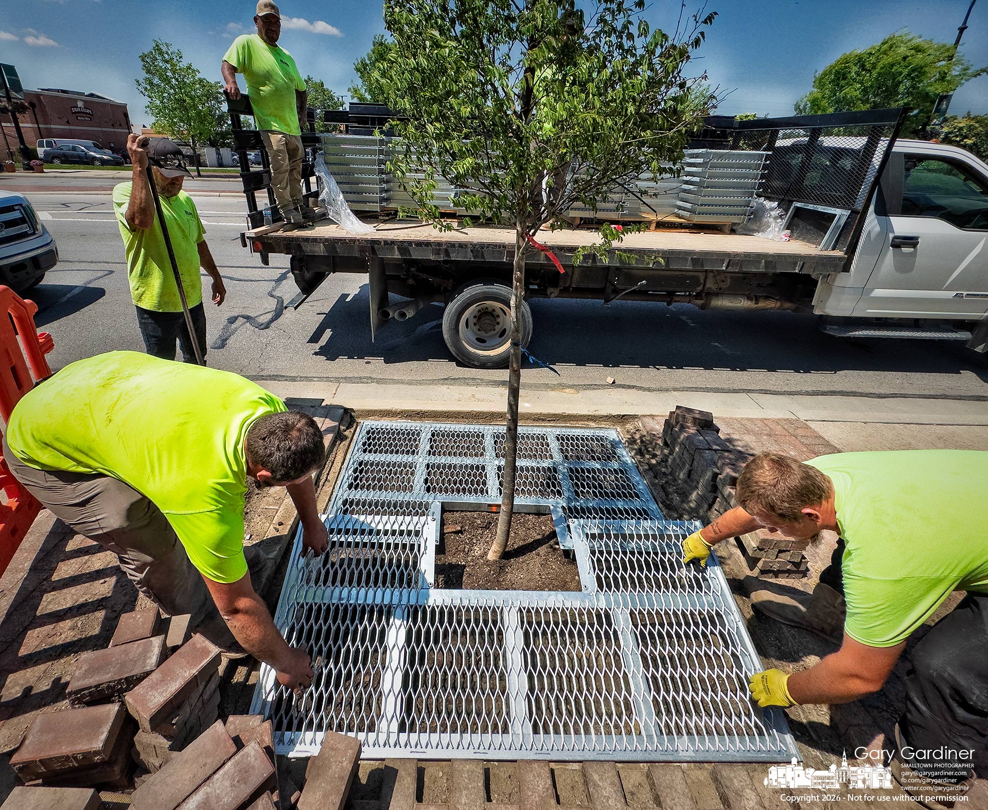 Workers install metal grates around landscaping trees on South State Street as the city works to complete year three of a four year revitalization of the landscaping at State and Schrock. (My Final Photo for May 18, 2026. Photo by Gary Gardiner)