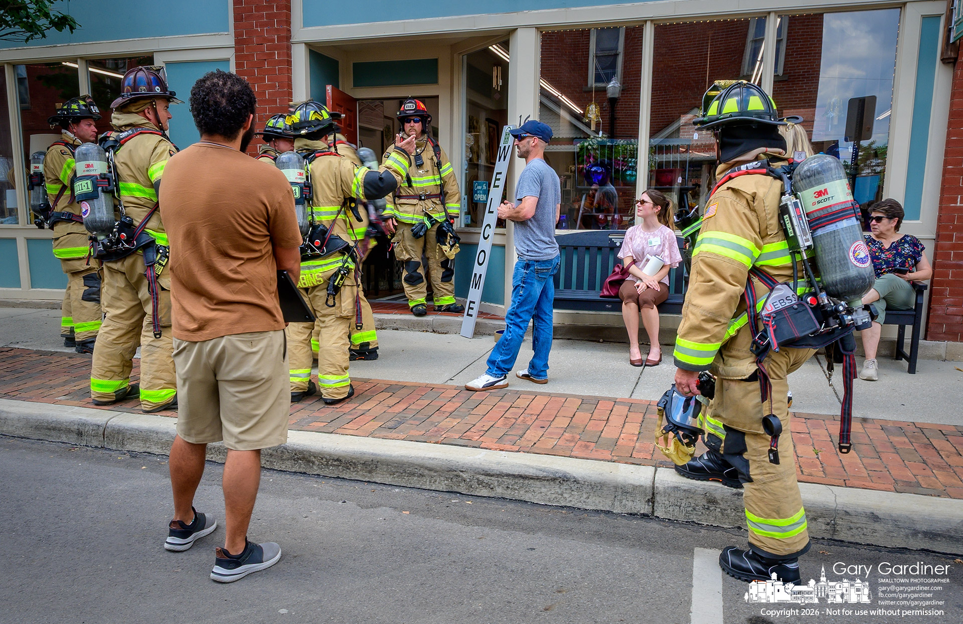 Westerville firefighters respond to a report of a gas leak on East College in Uptown. (My Final Photo for July 13, 2026. Photo by Gary Gardiner)