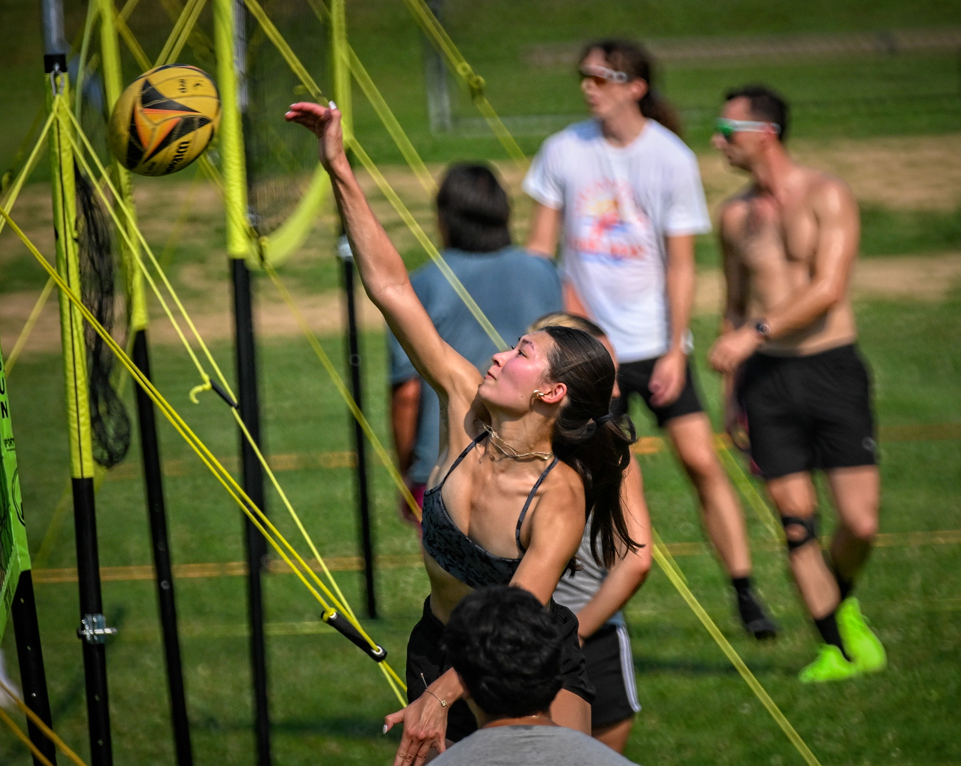 A young woman acts as the spiker on one of the five pickup volleyball nets set up at Alum Creek Park North on Wednesday afternoon. (My Final Photo for July 15, 2026. Photo by Gary Gardiner)