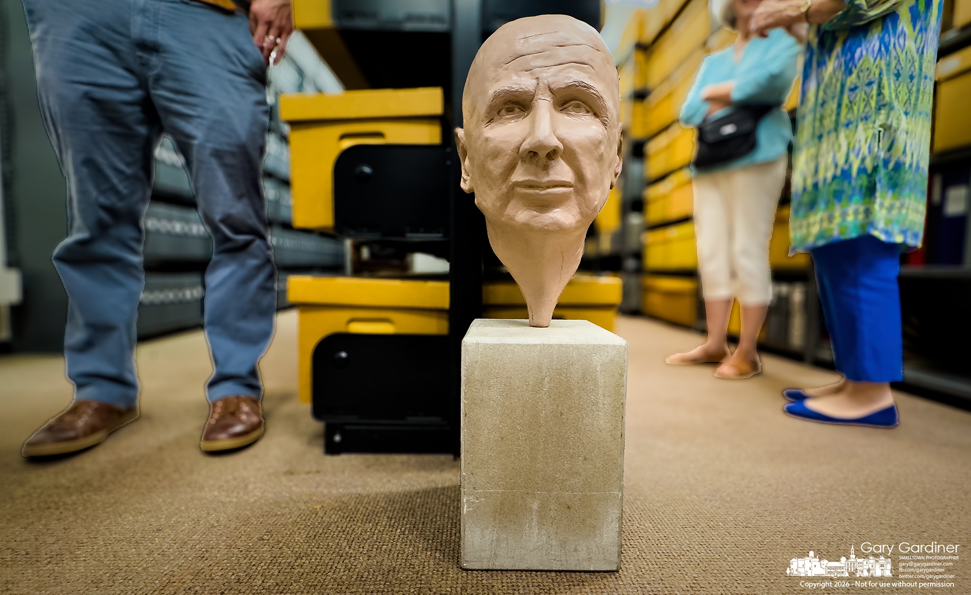 The stylized realist portrait bust of an Otterbein University professor sits in the school's basement archive, where the school opened its history to the public as part of the Ohio Open Doors biennial celebration of history that is not often seen. (My Final Photo for September 10, 2026. Photo by Gary Gardiner)