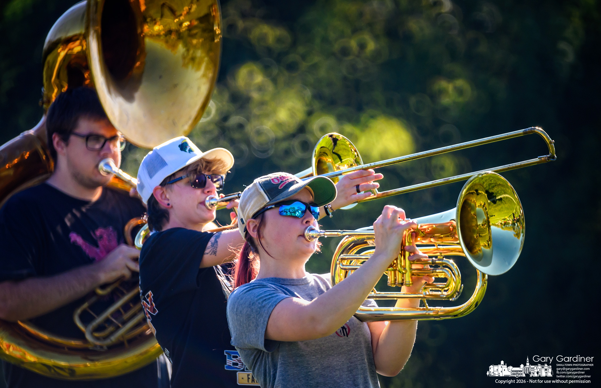 Members of the Otterbein Marching Band practice under the afternoon sun, preparing their music and marching precision for the next football game. (My Final Photo for September 28, 2026. Photo by Gary Gardiner)