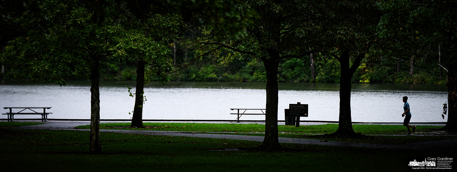A runner passes Schrock Lake as he runs the trails at Sharon Woods on a chilly, rainy day. (My Final Photo for September 21, 2026. Photo by Gary Gardiner)