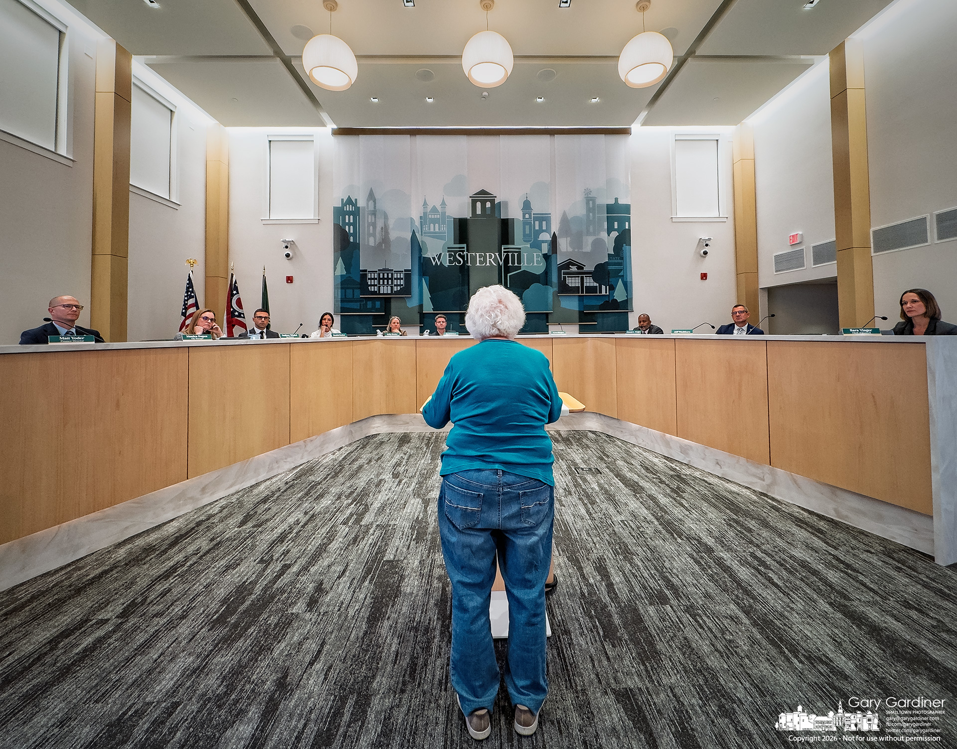 Longtime Westerville resident Peg Duffy makes the first public comment from the podium in Westerville City Council’s newly renovated City Hall chambers (My Final Photo for October 6, 2026. Photo by Gary Gardiner)