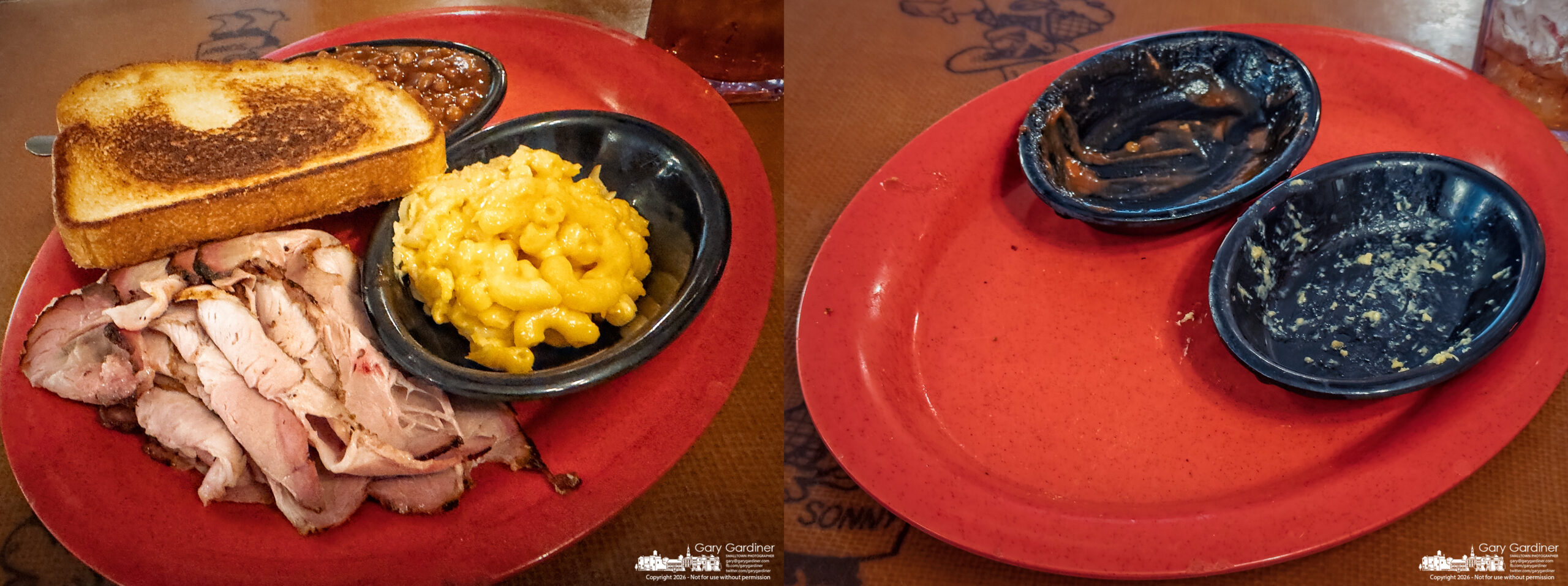 Before and after of the smoked, sliced pork plate with a large glass of iced sweet tea at the original Sonny's BBQ. (My Final Photo for October 19, 2026. Photo by Gary Gardiner)