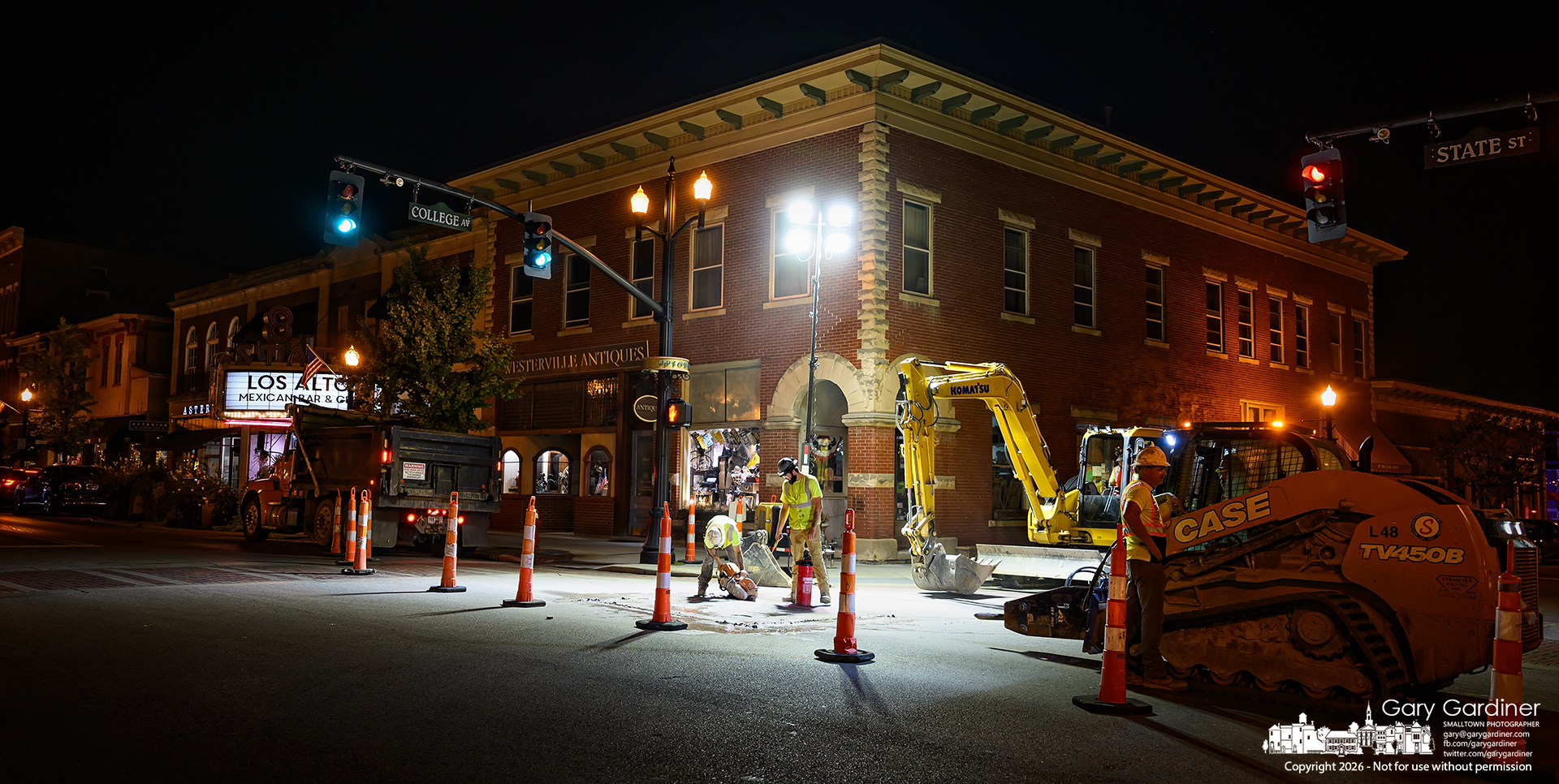 A repair crew begins excavating a city water valve at State and College for inspection and, if needed, upgrades. (My Final Photo for October 13, 2026. Photo by Gary Gardiner)