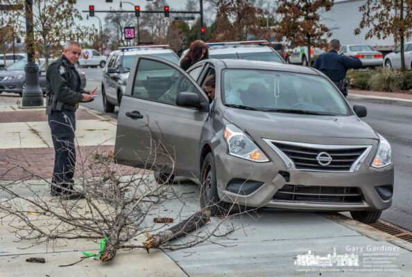 Westerville police officers investigate the remnants of a car crash that toppled a tree along the sidewalk on State Street just north of Schrock Road. Only injuries were to the tree and the bumper of the car. My Final Photo for Nov. 16, 2017. Westerville police officers investigate the remnants of a car crash that toppled a tree along the sidewalk on State Street just north of Schrock Road. Only injuries were to the tree and the bumper of the car. My Final Photo for Nov. 16, 2017.