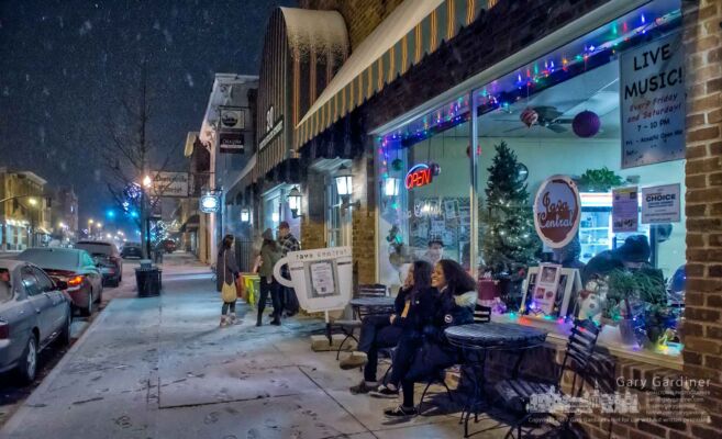 A pair of customers take a break outside Java Central as the snow begins to fall in Uptown Westerville. My Final Photo for Dec. 29, 2017. A pair of customers take a break outside Java Central as the snow begins to fall in Uptown Westerville. My Final Photo for Dec. 29, 2017.